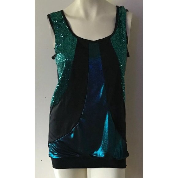Weissman Dance Green/Black Sequined Dance Tank Top Blouse Wmns Sz Medium Adult - Picture 1 of 10